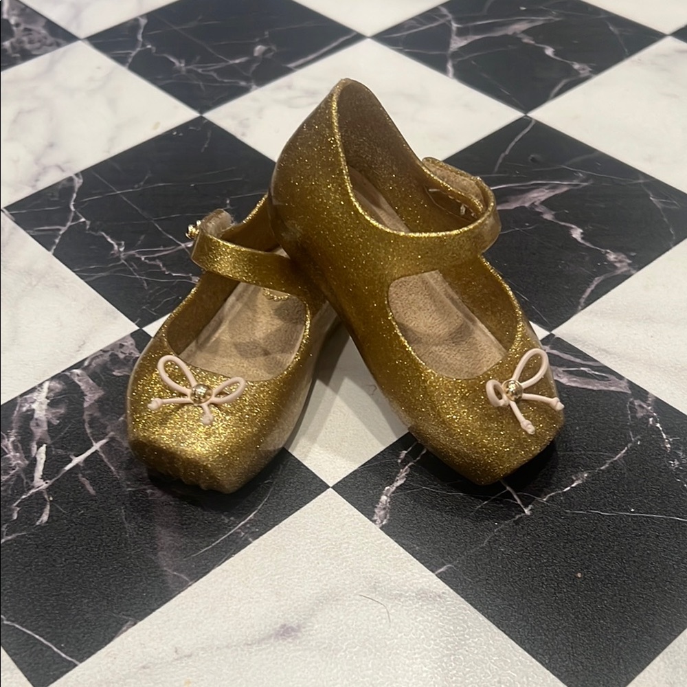 Mini Melissa Gold Glitter Ballet Bow Flats